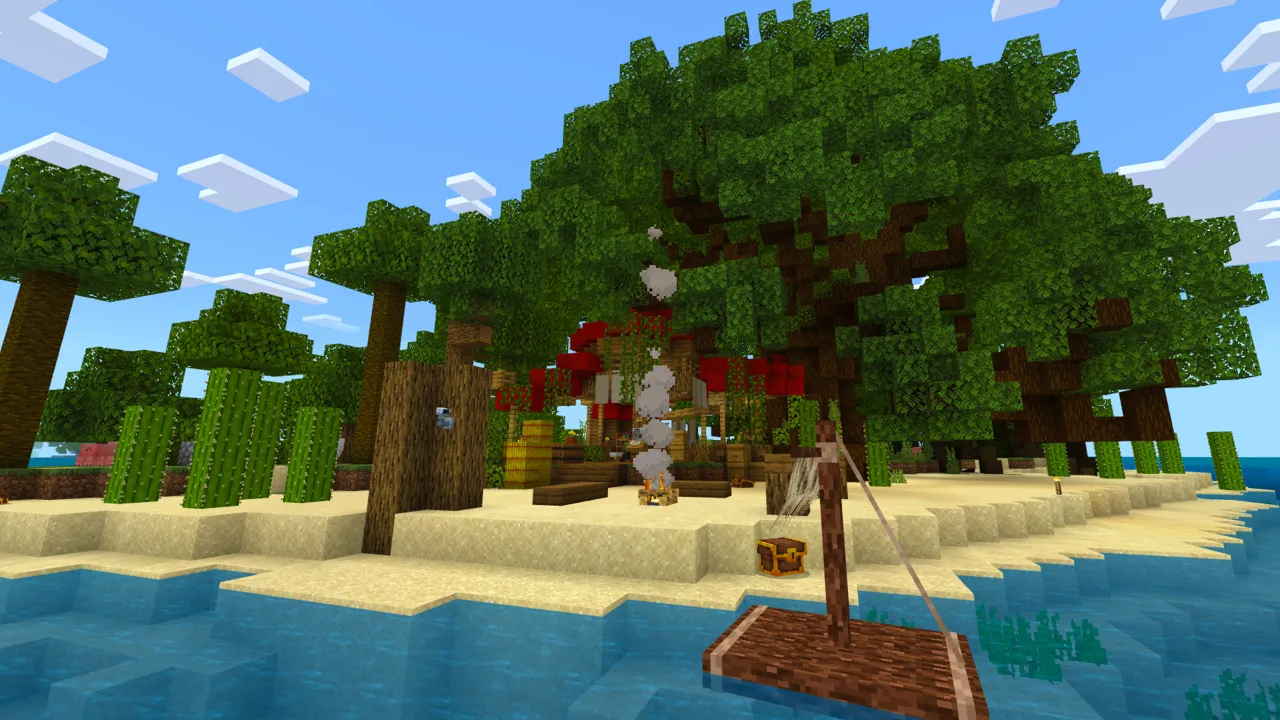 Tropical island beach with tall trees, a small wooden dock and a raft in the water in the 100 Days Raft Survival Minecraft Bedrock add-on