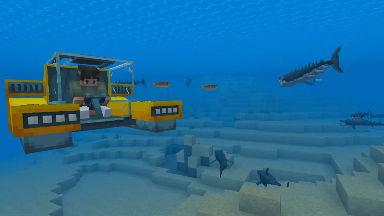 Yellow submarine exploring underwater ruins with a shark and fish nearby in the 100 Days Raft Survival Minecraft Bedrock add-on