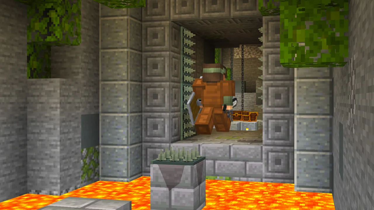 Stone dungeon room with a lava pool and wooden ceiling beams in the 100 Days Raft Survival Minecraft Bedrock add-on