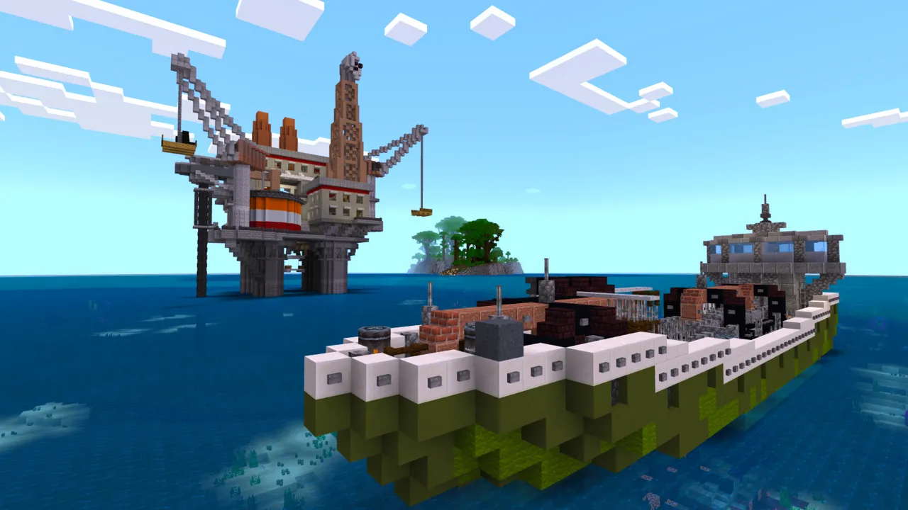 Offshore oil rig platform connected to a large ship near a small green island in the 100 Days Raft Survival Minecraft Bedrock add-on