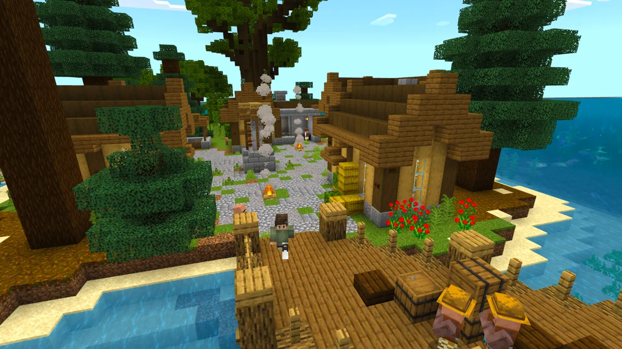Wooden village on a sandy island with huts, a dock and surrounding trees in the 100 Days Raft Survival Minecraft Bedrock add-on