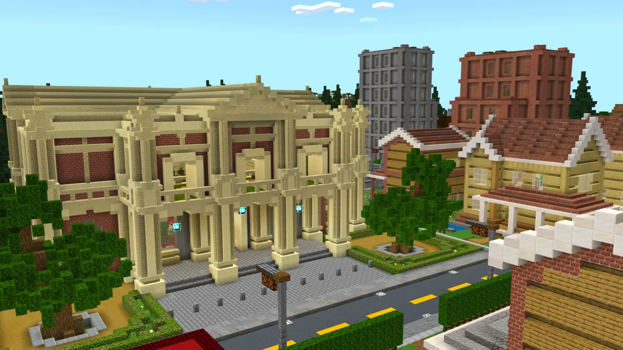 Aerial view of a city street with a large mansion and skyscraper in the Craftable City Minecraft Bedrock add-on