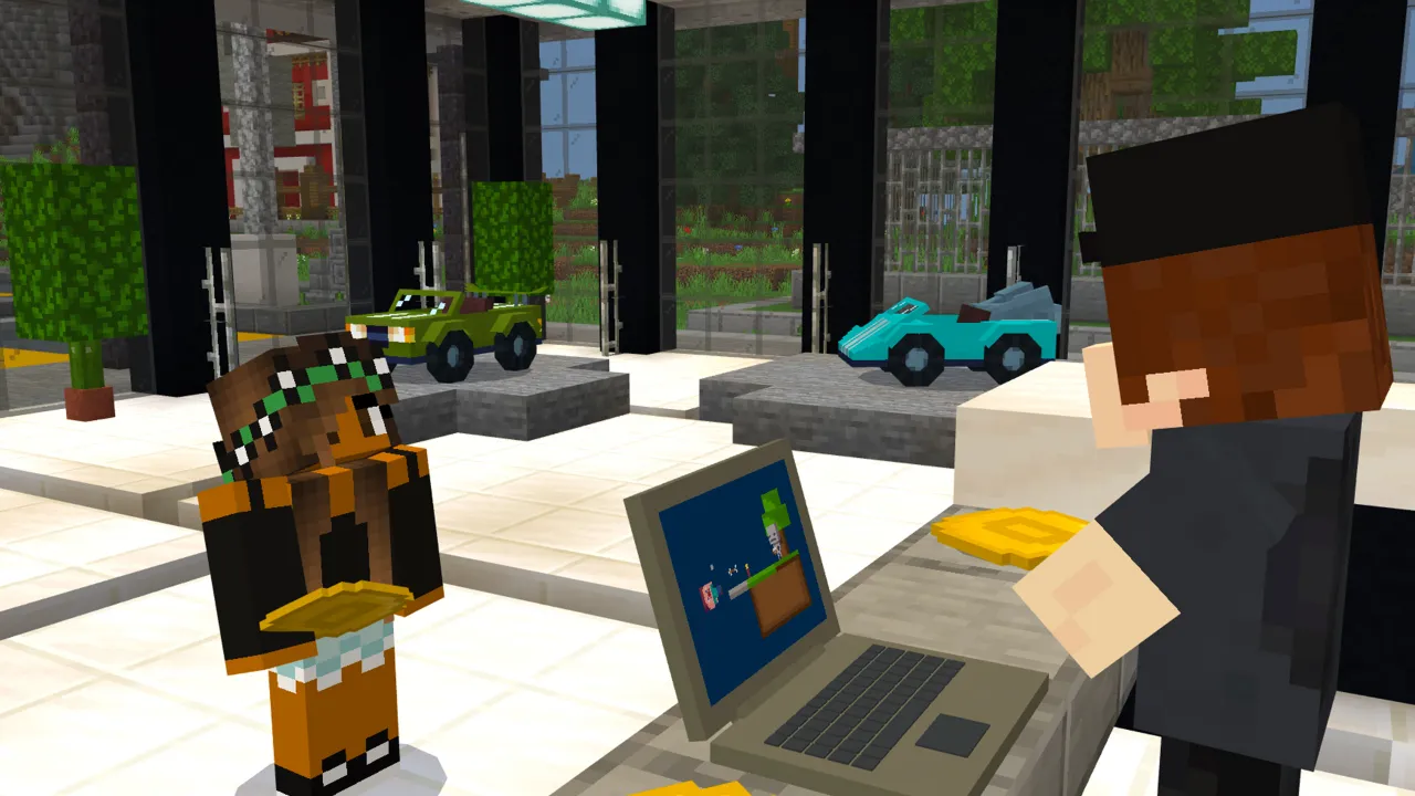 Minecraft Bedrock player using a laptop at a modern reception desk in the Craftable City add-on