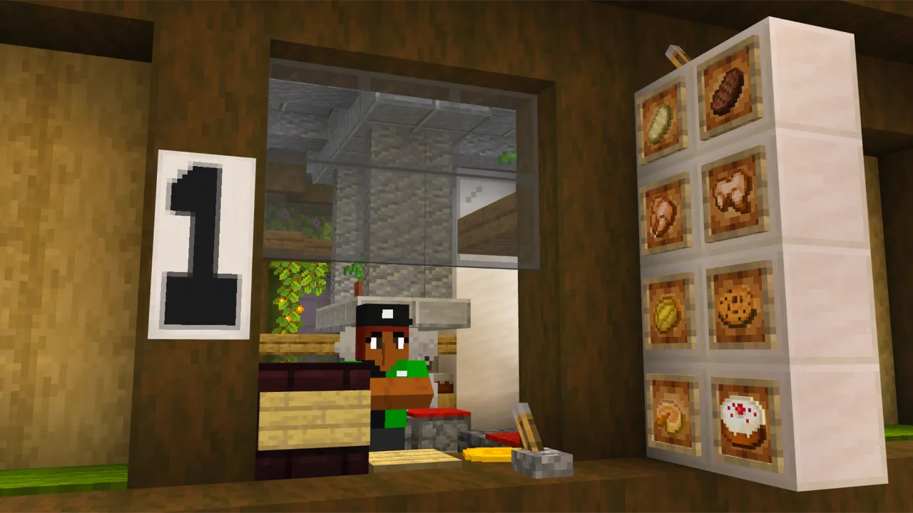 Child's bedroom with a number one decoration and toy shelf in the Craftable City Minecraft Bedrock add-on