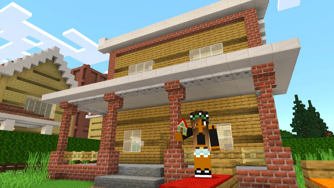 Minecraft Bedrock player standing on the porch of a brick house in the Craftable City add-on