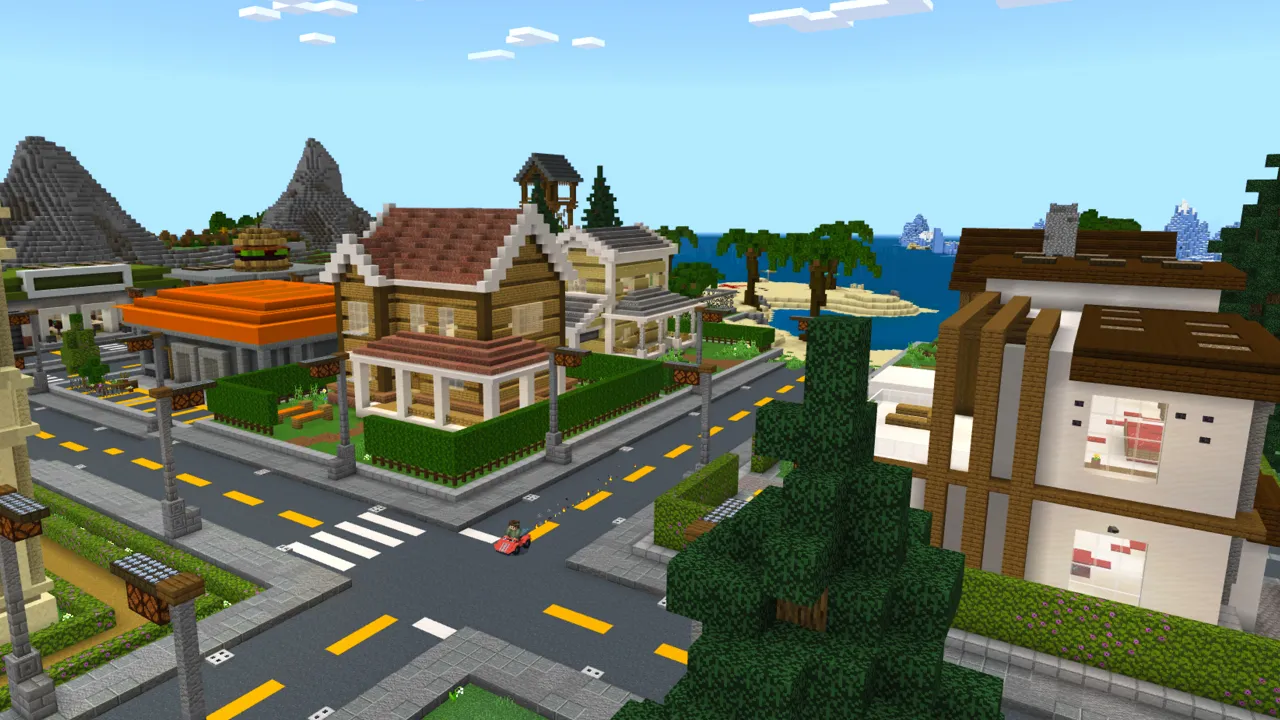 Row of suburban houses along a street in the Craftable City Minecraft Bedrock add-on