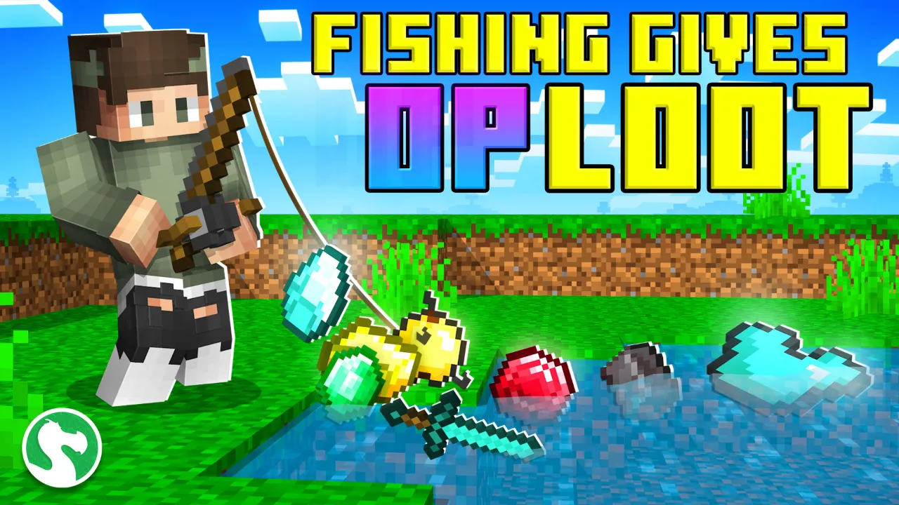 Promotional graphic showing a player fishing with the text Fishing Gives OP Loot in the Minecraft Bedrock map