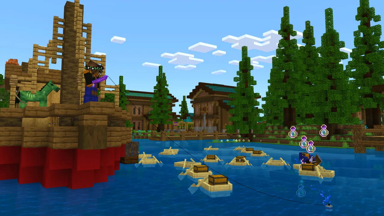 Wooden dock with small fishing boats on the lake in the Fishing Gives OP Loot Minecraft Bedrock map