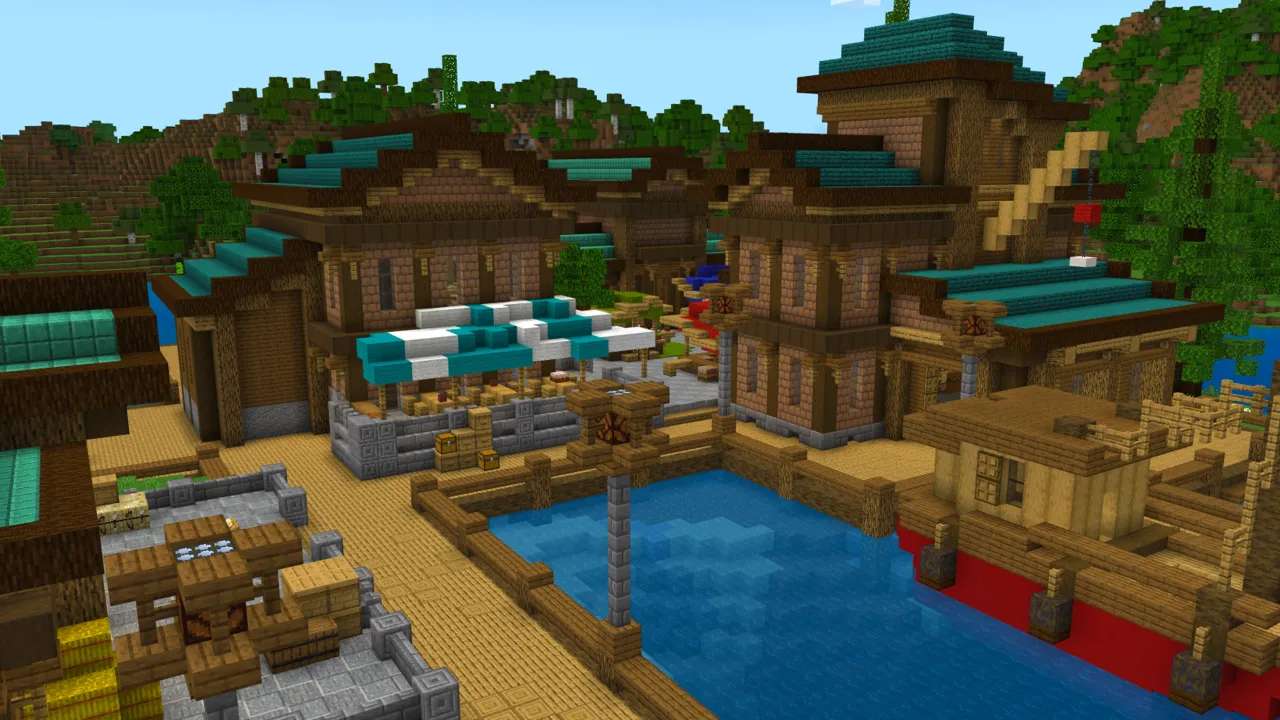 Wooden fishing village with striped umbrellas and glowing crystals in the Fishing Gives OP Loot Minecraft Bedrock map