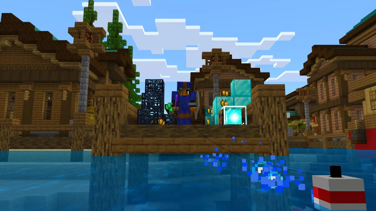 Minecraft Bedrock player standing on a dock near glowing loot in the water in the Fishing Gives OP Loot map