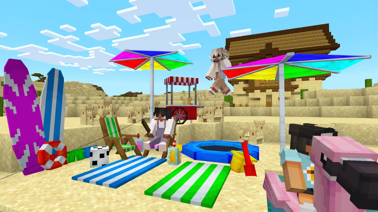 Colorful beach umbrellas, surfboards and an inflatable pool on sand in the Furniture Pack Minecraft Bedrock add-on