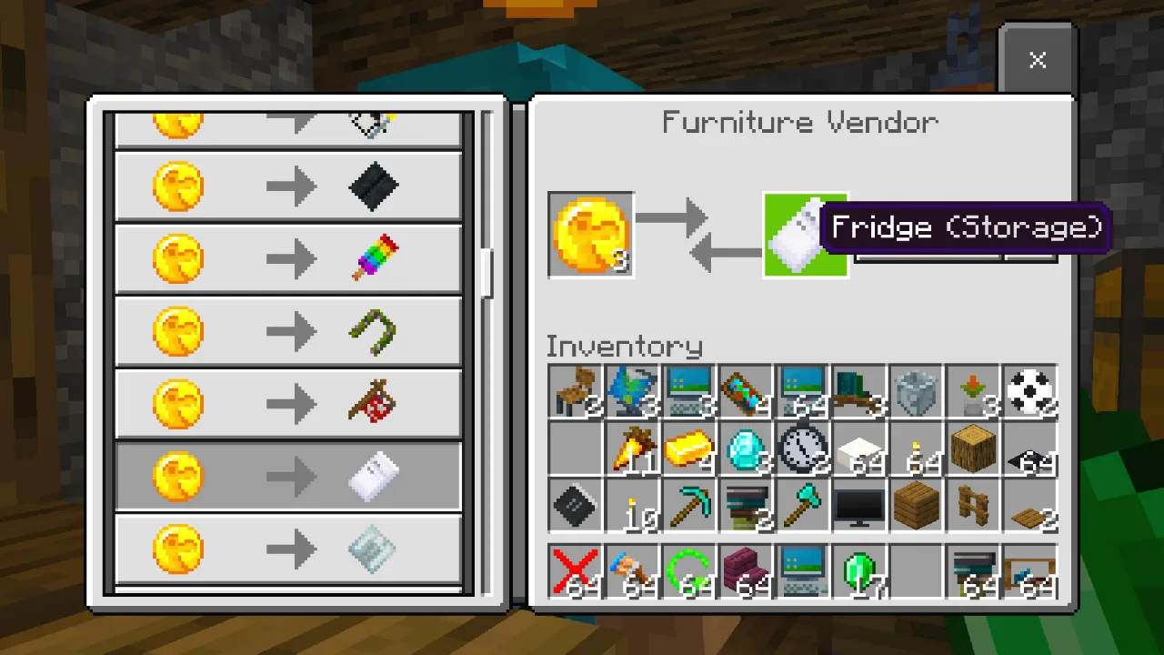 Furniture Vendor trading menu offering a Fridge storage item in the Furniture Pack Minecraft Bedrock add-on