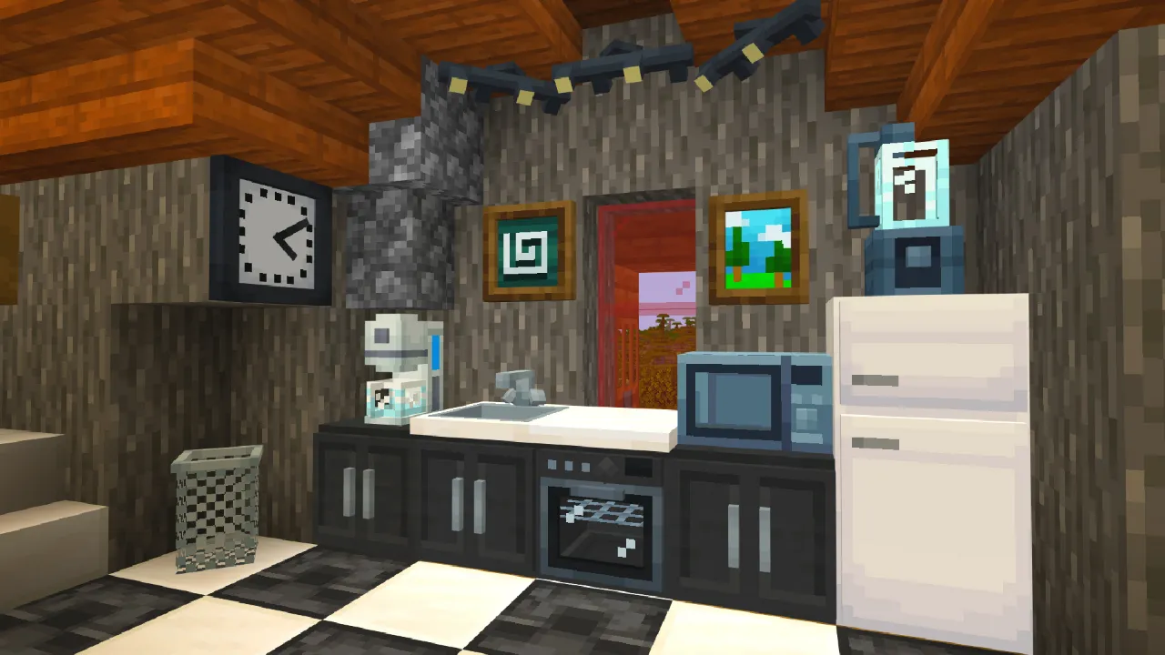 Modern kitchen with a fridge, microwave and clock on a checkered floor in the Furniture Pack Minecraft Bedrock add-on