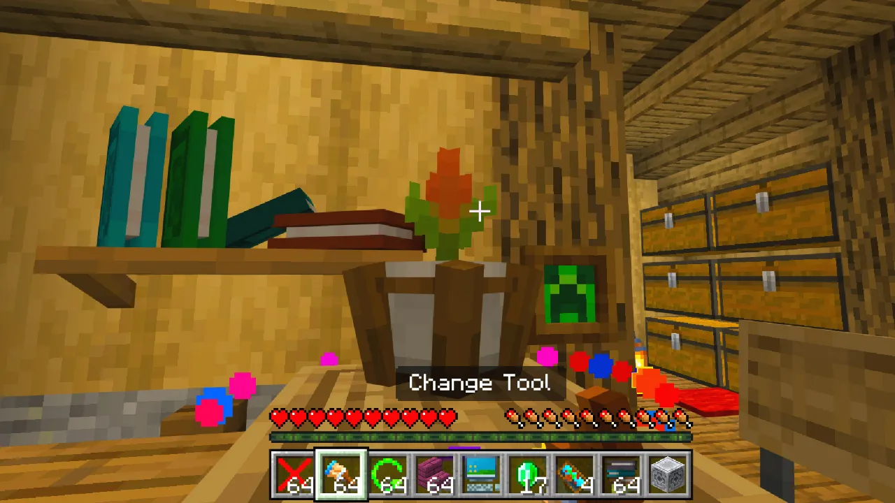 Bookshelf and Change Tool menu inside a wooden room in the Furniture Pack Minecraft Bedrock add-on