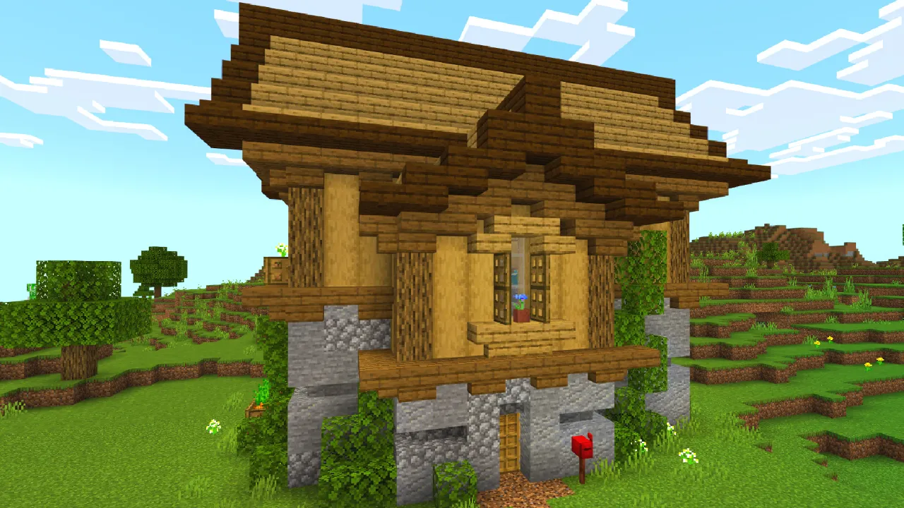 Traditional wooden house with a tiled roof in the Furniture Pack Minecraft Bedrock add-on