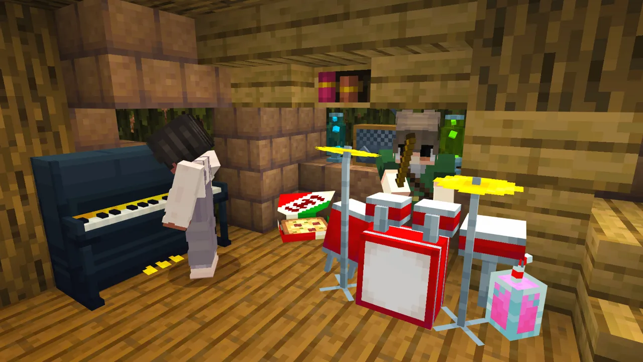 Minecraft Bedrock player standing near a piano and drum set in a wooden room in the Furniture Pack add-on