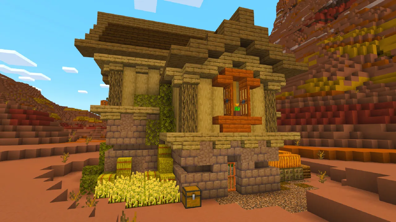 Traditional wooden temple style building with a red roof in the Furniture Pack Minecraft Bedrock add-on