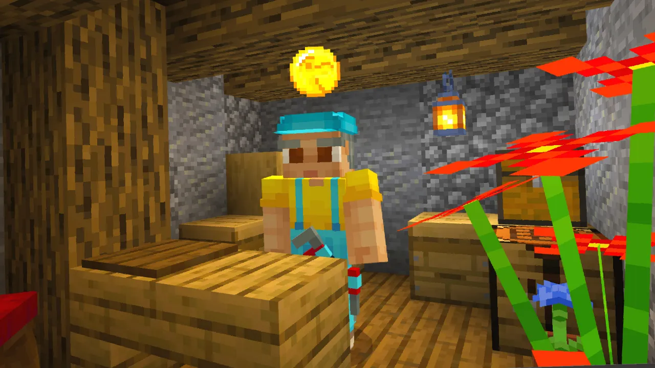 Minecraft Bedrock player standing near wooden crates and red glowing plants in a dim room in the Furniture Pack add-on