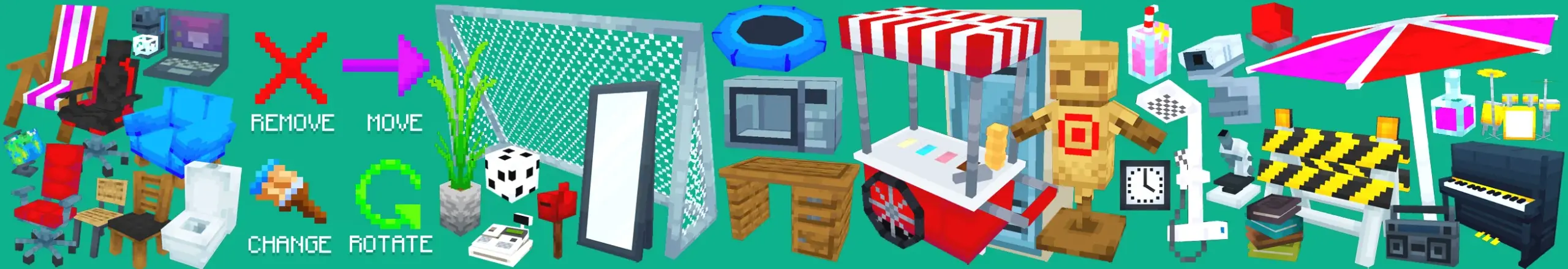 Banner showing a variety of furniture and decoration items in the Furniture Pack Minecraft Bedrock add-on