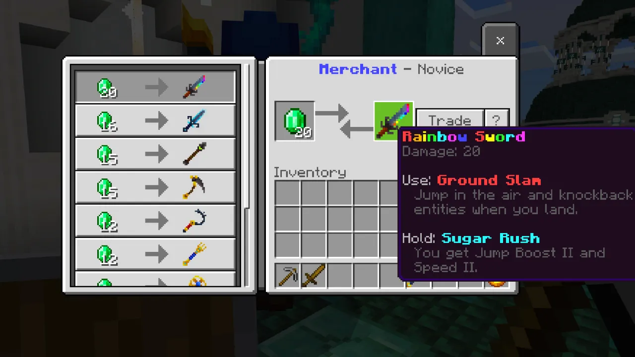 Item info panel for the Golden Sword showing a use ground slam ability and a sugar rush next hit effect in the God Weapons Minecraft Bedrock add-on