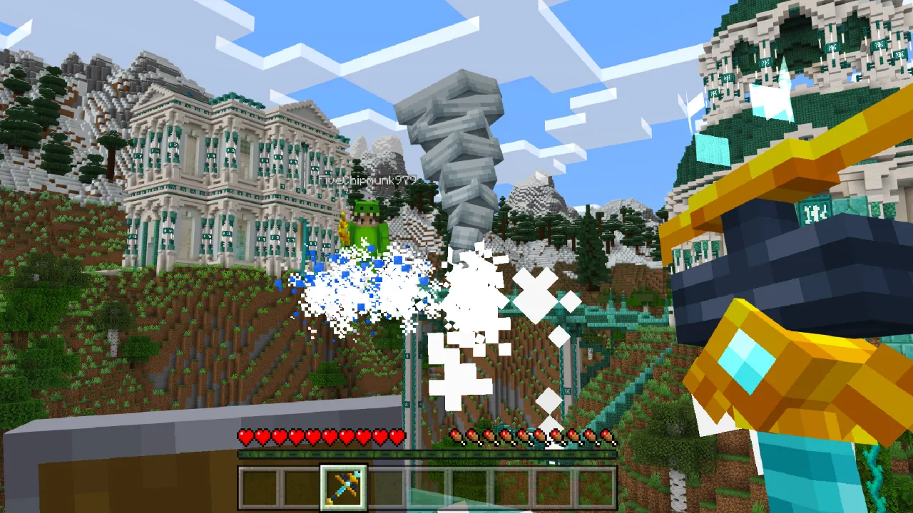 Player using a golden weapon that creates a white shockwave effect near a stone building in the God Weapons Minecraft Bedrock add-on