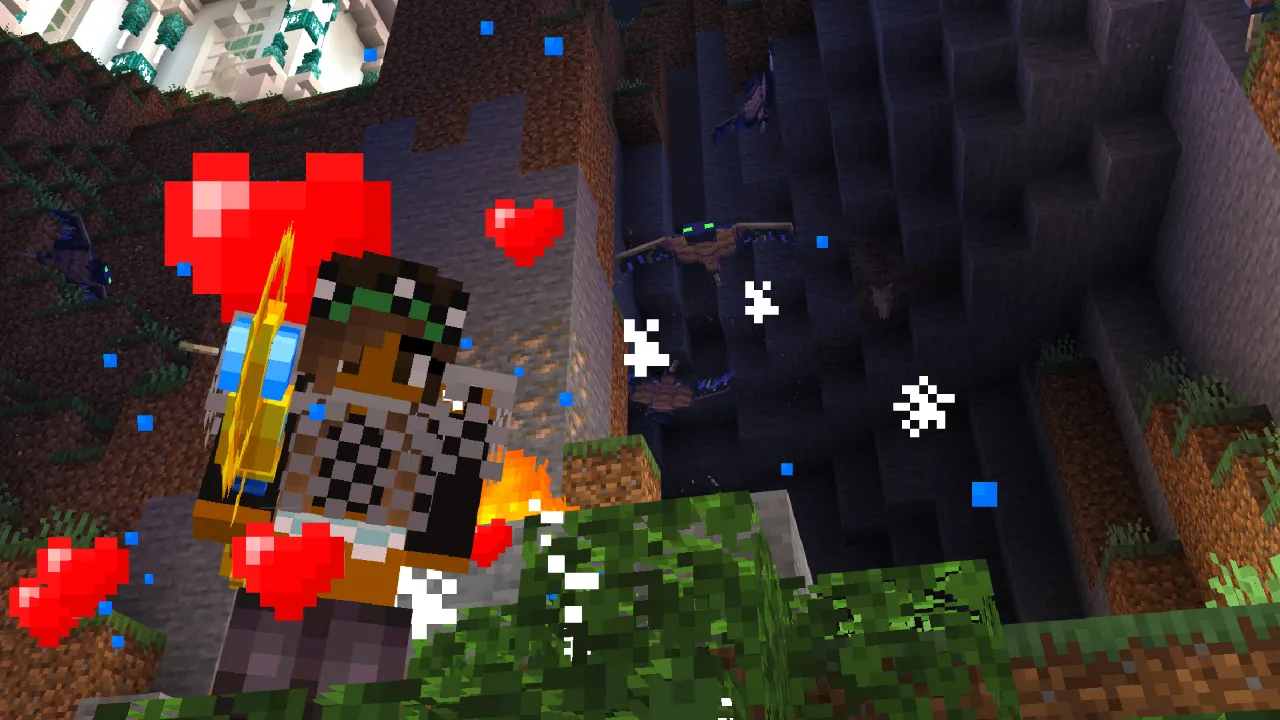 Player surrounded by red heart particles and white star effects at night in the God Weapons Minecraft Bedrock add-on