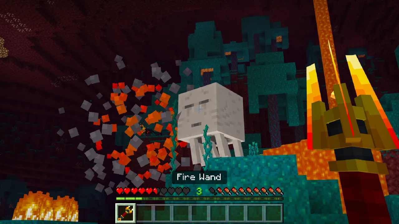 Player near lava with an orange fire tornado effect and a Fire Wand label displayed on screen in the God Weapons Minecraft Bedrock add-on