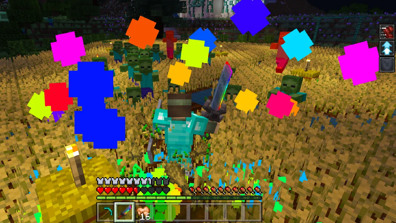 Player standing in a wheat field surrounded by colorful glowing orb effects in the God Weapons Minecraft Bedrock add-on