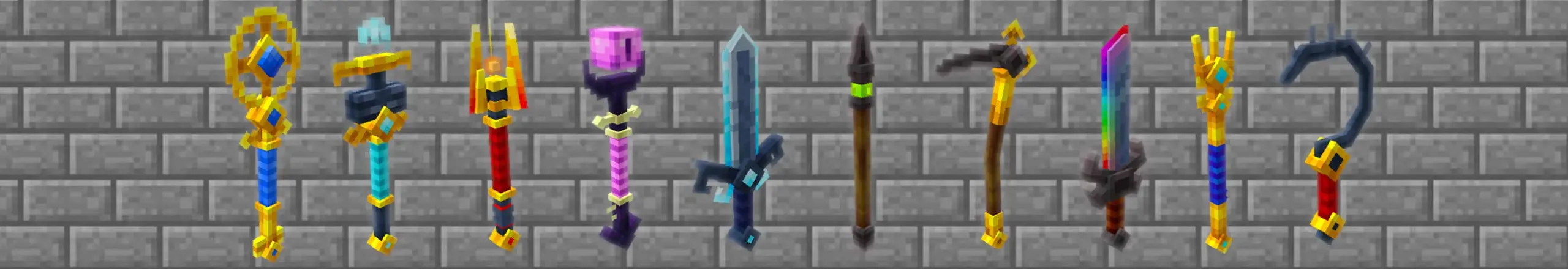 Row of nine differently colored and themed weapons displayed against a dark background in the God Weapons Minecraft Bedrock add-on