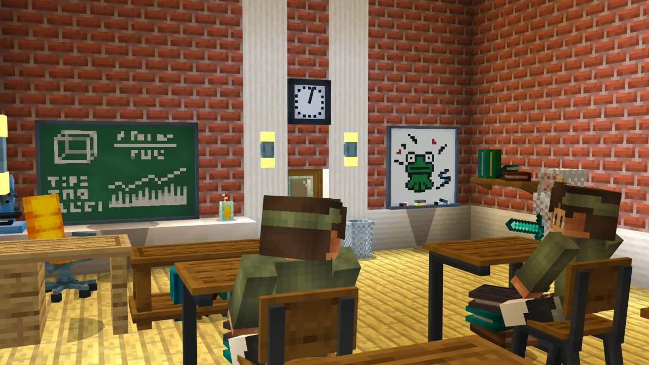 Classroom with students seated at desks, a chalkboard and wall decorations in the High School Roleplay Minecraft Bedrock map