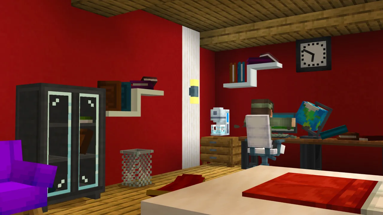Red-themed dorm room with lockers, a bed, a desk and a wall clock in the High School Roleplay Minecraft Bedrock map