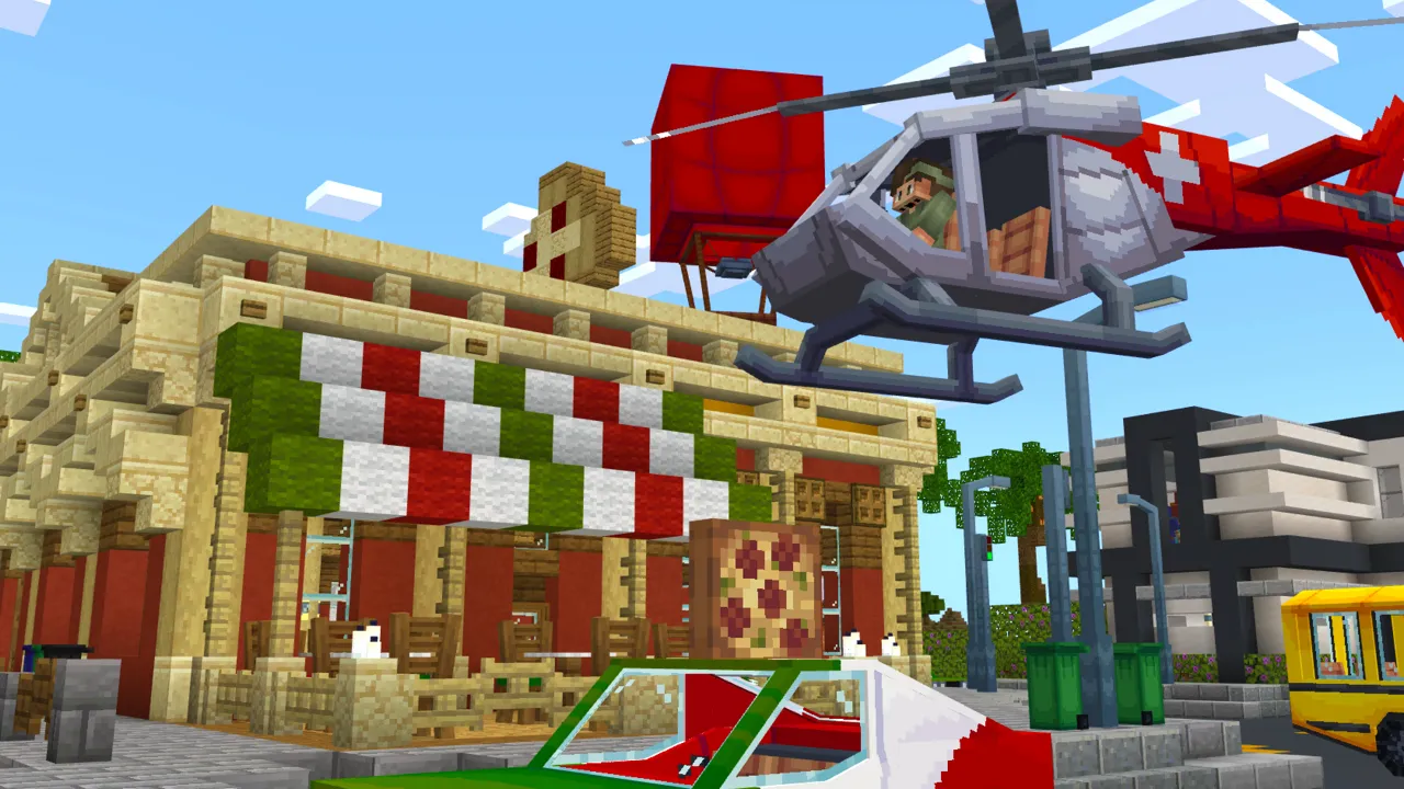 School building exterior with a red and white striped canopy, a helicopter flying overhead and parked cars in the High School Roleplay Minecraft Bedrock map
