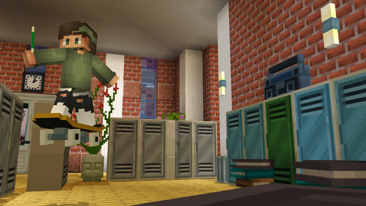 Locker-lined hallway with a character jumping between the lockers in the High School Roleplay Minecraft Bedrock map