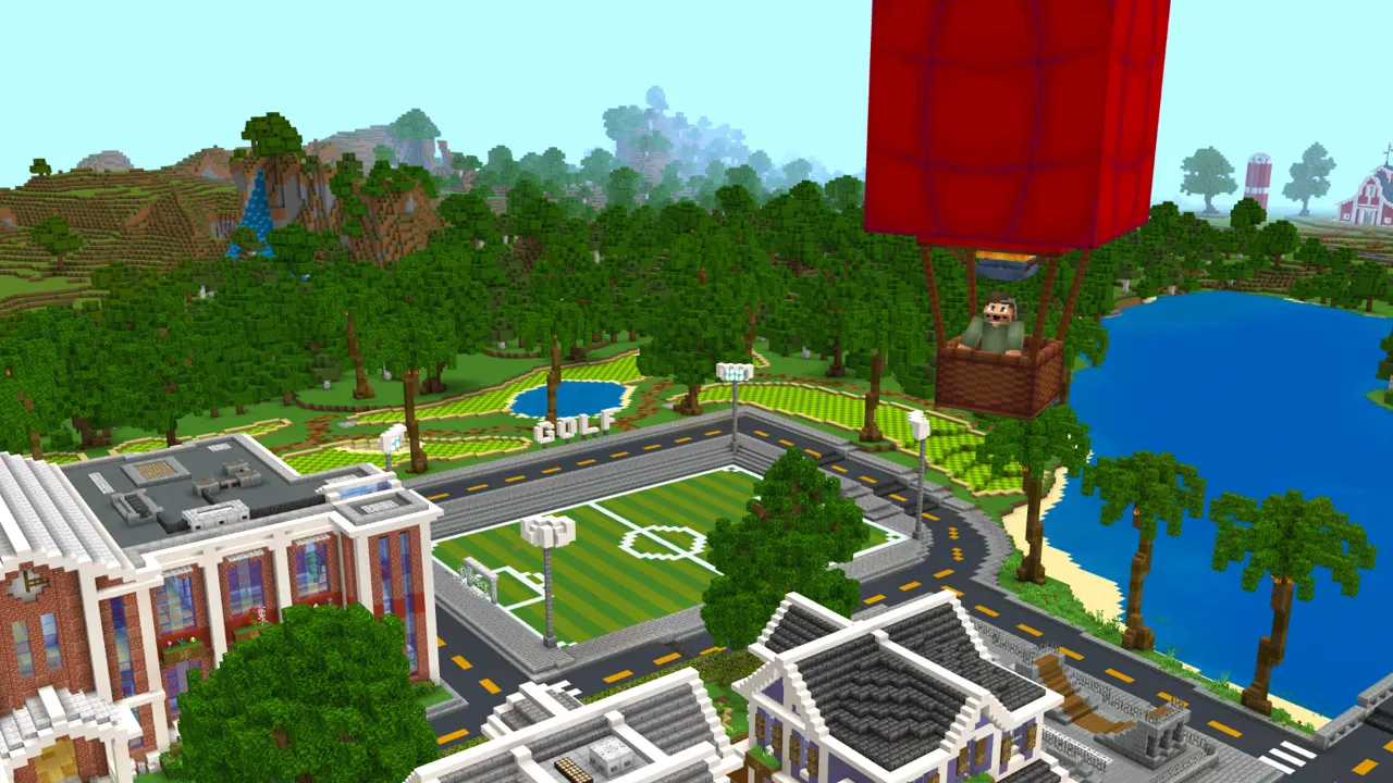 Aerial view of the High School Roleplay campus showing multiple buildings, a courtyard and a pond surrounded by trees