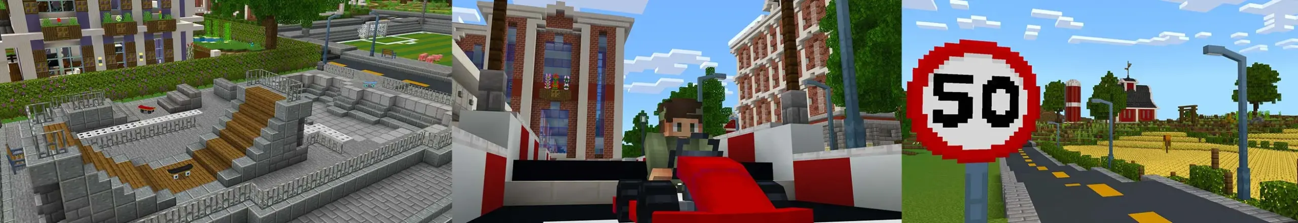 Aerial view of a street with school buildings, a speed limit sign showing 50 and a small map thumbnail in the High School Roleplay Minecraft Bedrock map