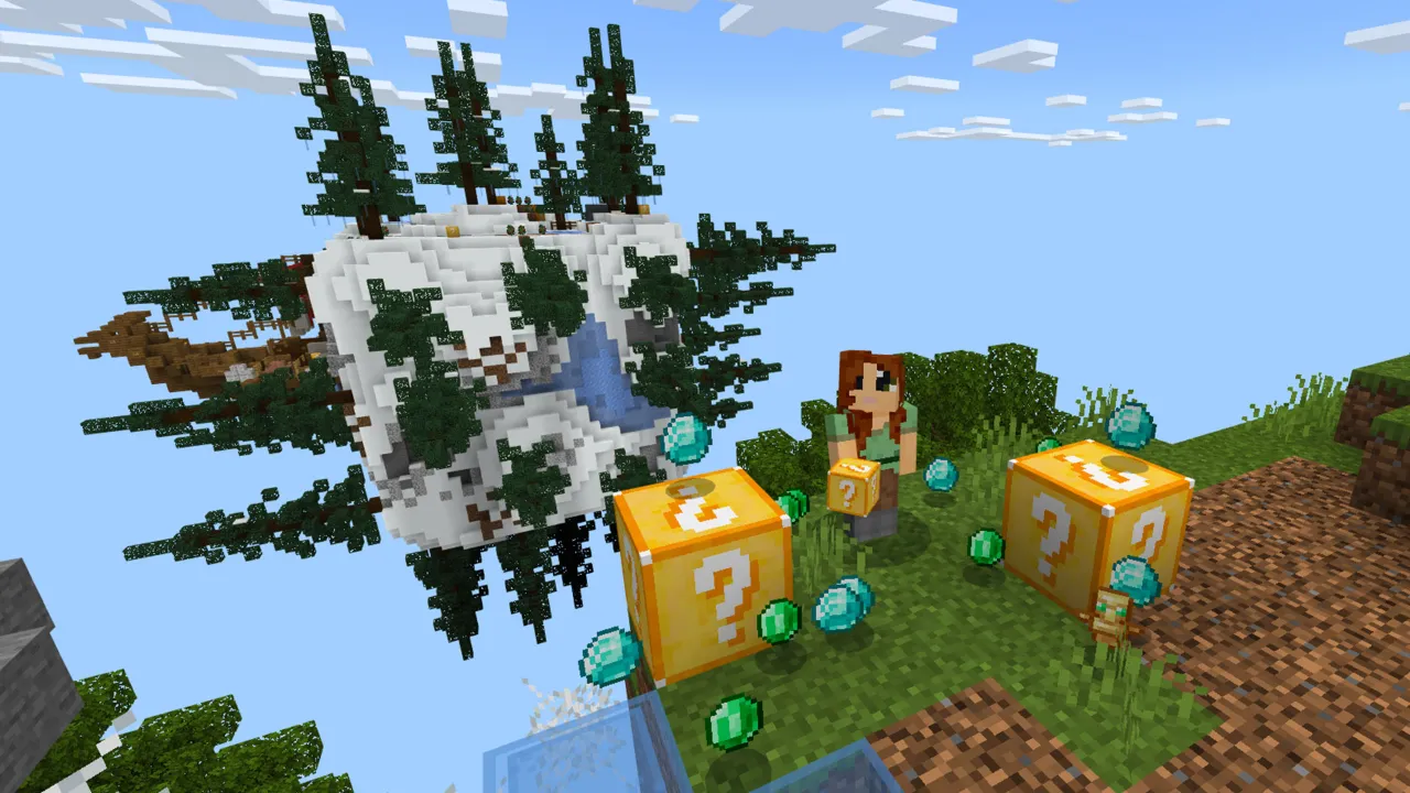 Floating snowy island with pine trees and yellow lucky blocks near a player in the Lucky Block Sky Cubes Minecraft Bedrock add-on