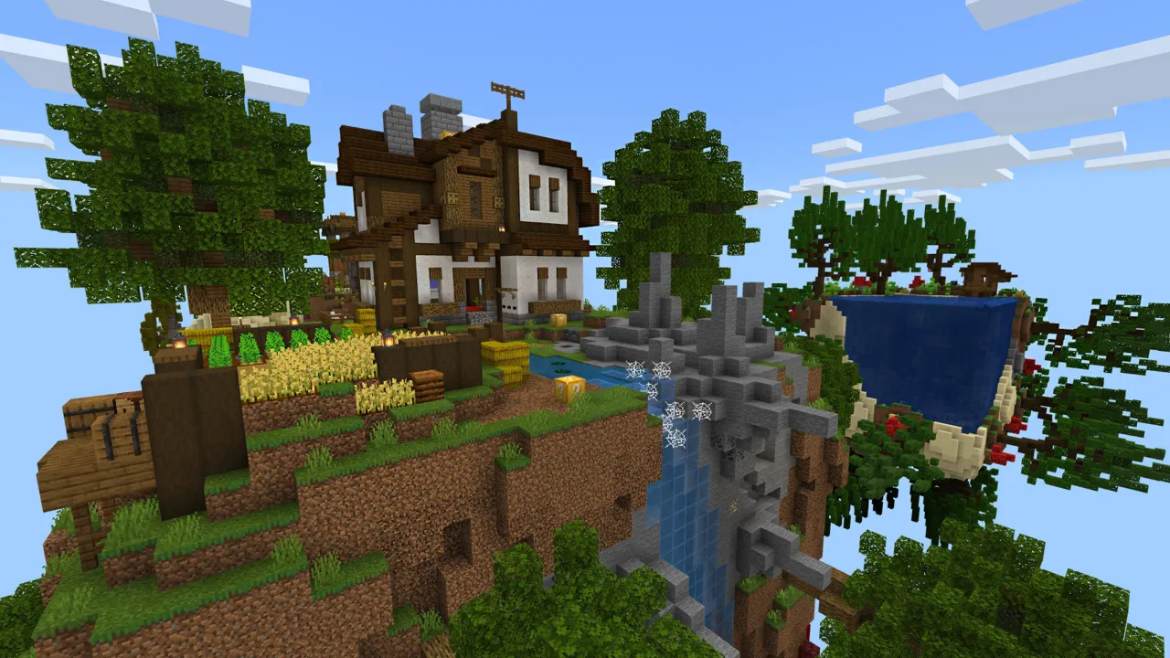 Floating island with a wooden house, waterfall and blue banner surrounded by trees in the Lucky Block Sky Cubes Minecraft Bedrock add-on