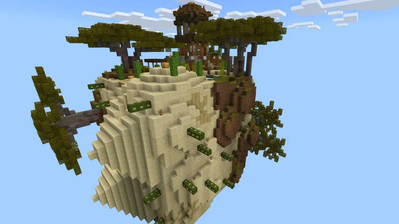 Floating sandy desert island with sparse trees and small structures in the Lucky Block Sky Cubes Minecraft Bedrock add-on