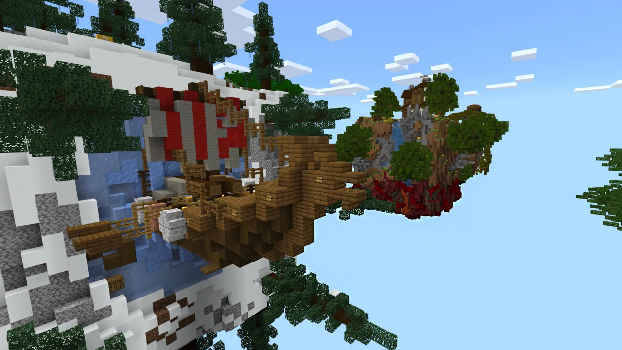Floating snowy island with a red banner and dead trees near a rocky cliff edge in the Lucky Block Sky Cubes Minecraft Bedrock add-on