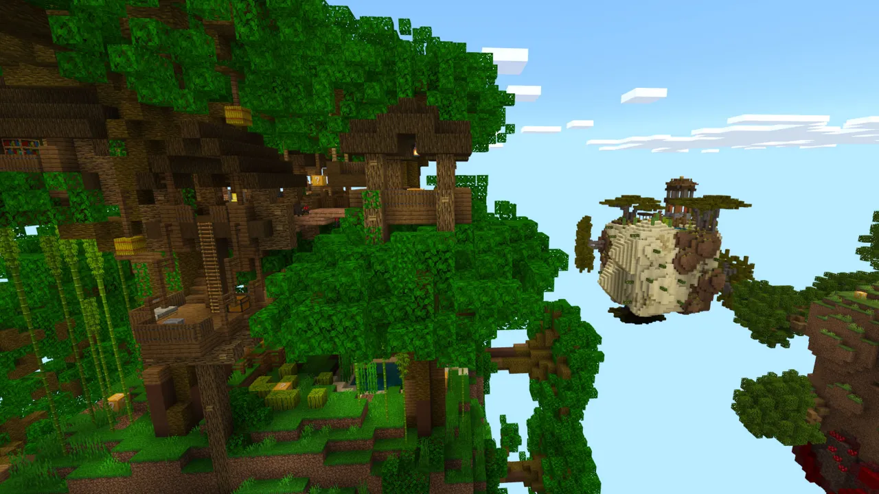 Floating forested island with a wooden hut and a nearby small island visible in the sky in the Lucky Block Sky Cubes Minecraft Bedrock add-on