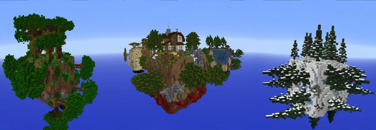Collage of three floating islands with forest, autumn and snowy biomes in the Lucky Block Sky Cubes Minecraft Bedrock add-on