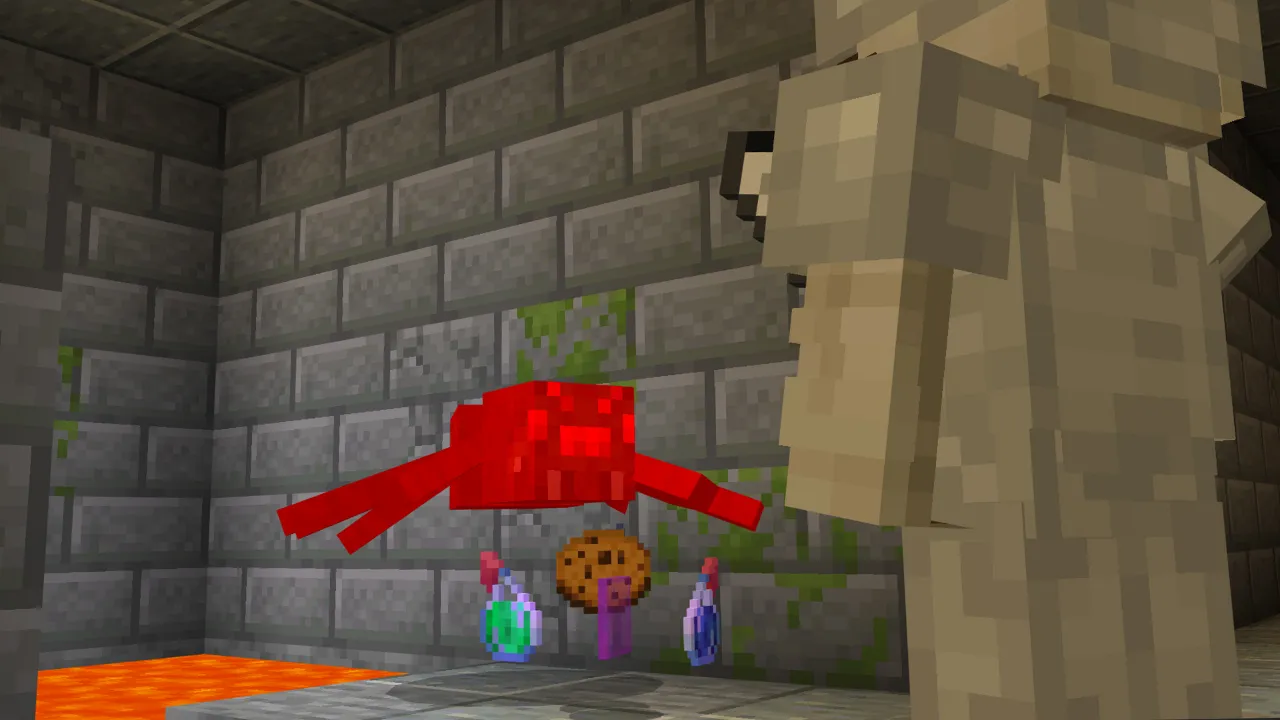 Stone dungeon room with a red decorated mob hanging from the ceiling and a skeleton nearby, with an orange lava floor in the Mobs Drop Random Items Minecraft Bedrock add-on