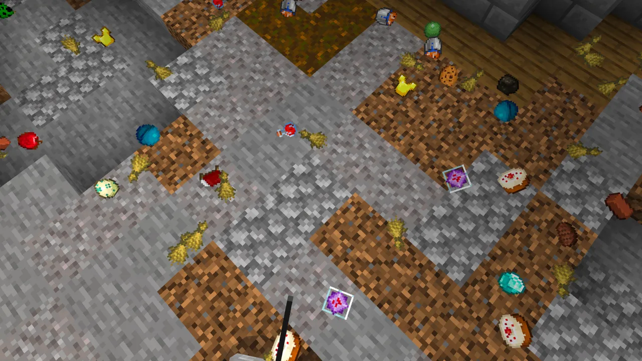 Aerial view of a mining area with colorful dropped items scattered across stone and dirt patches in the Mobs Drop Random Items Minecraft Bedrock add-on