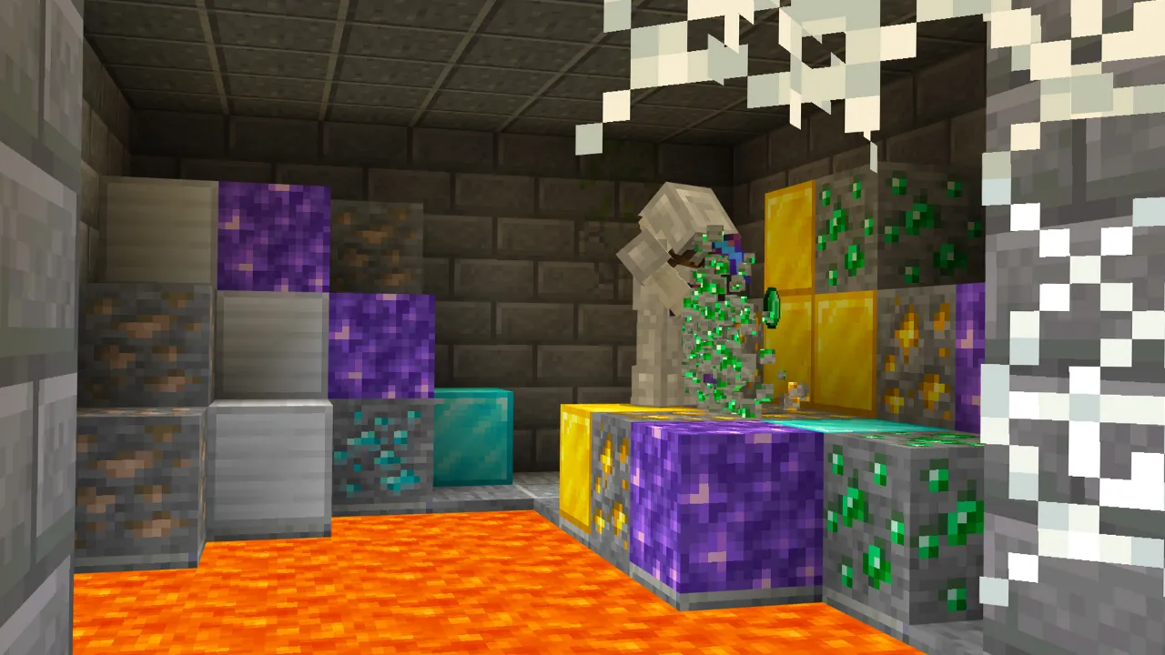Stacked colorful mineral blocks in purple, teal and yellow inside a stone room with an orange lava floor in the Mobs Drop Random Items Minecraft Bedrock add-on