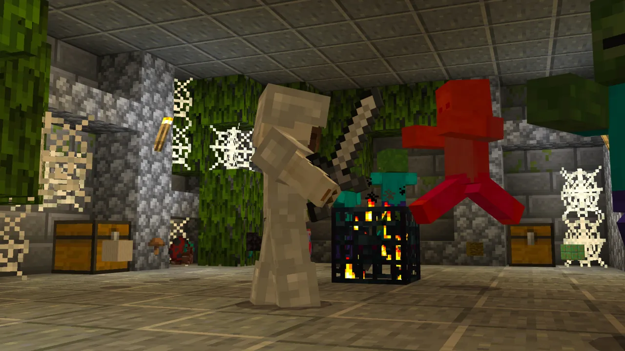 Cobweb-covered loot room with a skeleton holding a weapon, chests and a red decorated mob hanging nearby in the Mobs Drop Random Items Minecraft Bedrock add-on