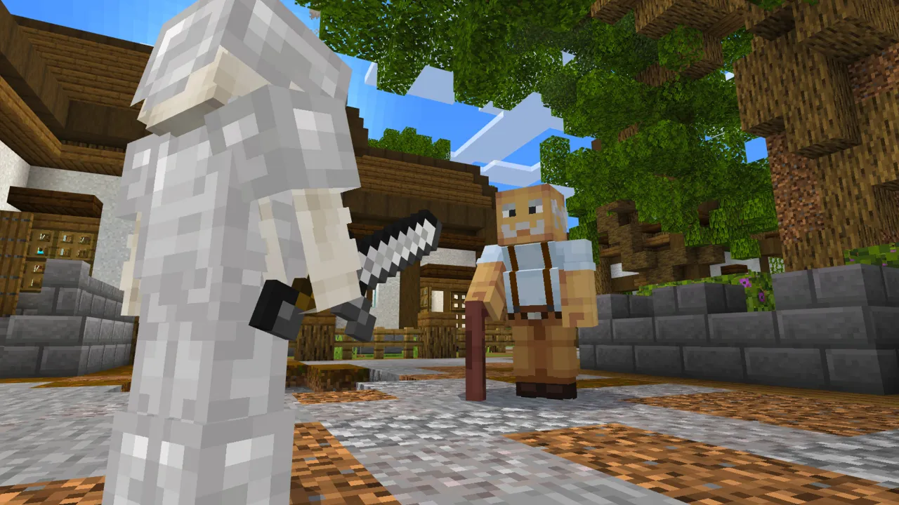 Armored white mob standing near a villager on a stone path in a village in the Mobs Drop Random Items Minecraft Bedrock add-on