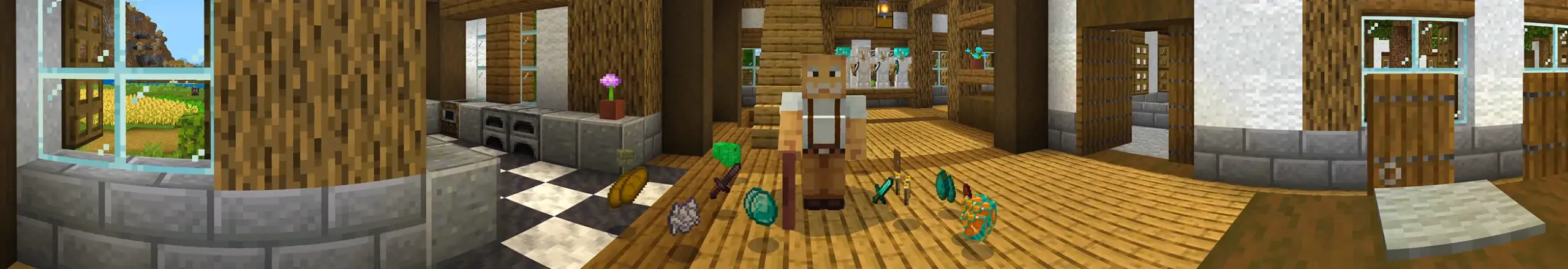 Collage of wooden-themed interior rooms in the Mobs Drop Random Items Minecraft Bedrock add-on