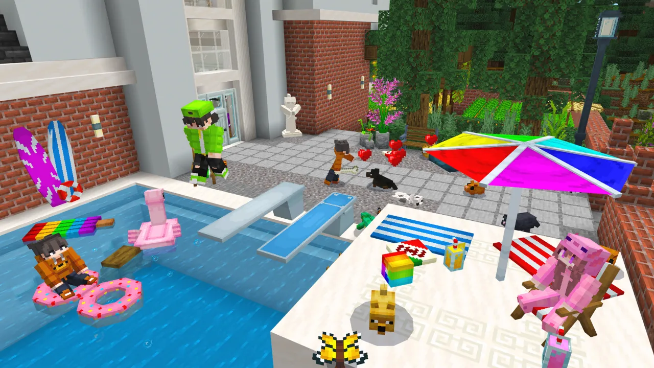 Backyard pool party with a pink flamingo float, colorful umbrella and outdoor furniture in the Roleplay Pack Minecraft Bedrock add-on