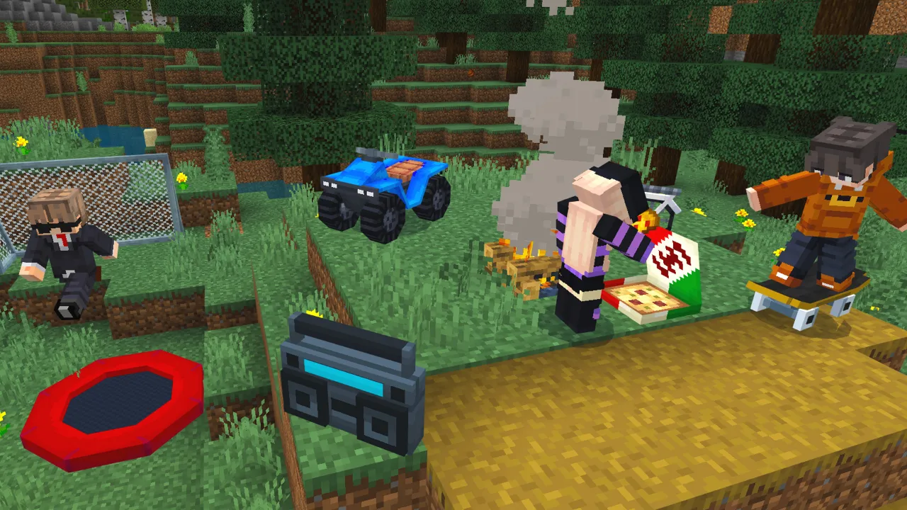 Backyard scene with a red trampoline, a boombox and characters gathered on a grassy lawn in the Roleplay Pack Minecraft Bedrock add-on