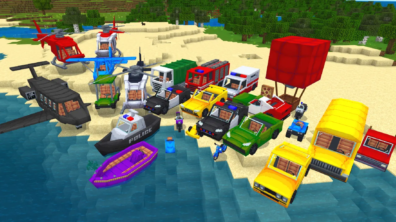 Aerial view of a harbor with colorful parked vehicles and boats near buildings in the Roleplay Pack Minecraft Bedrock add-on